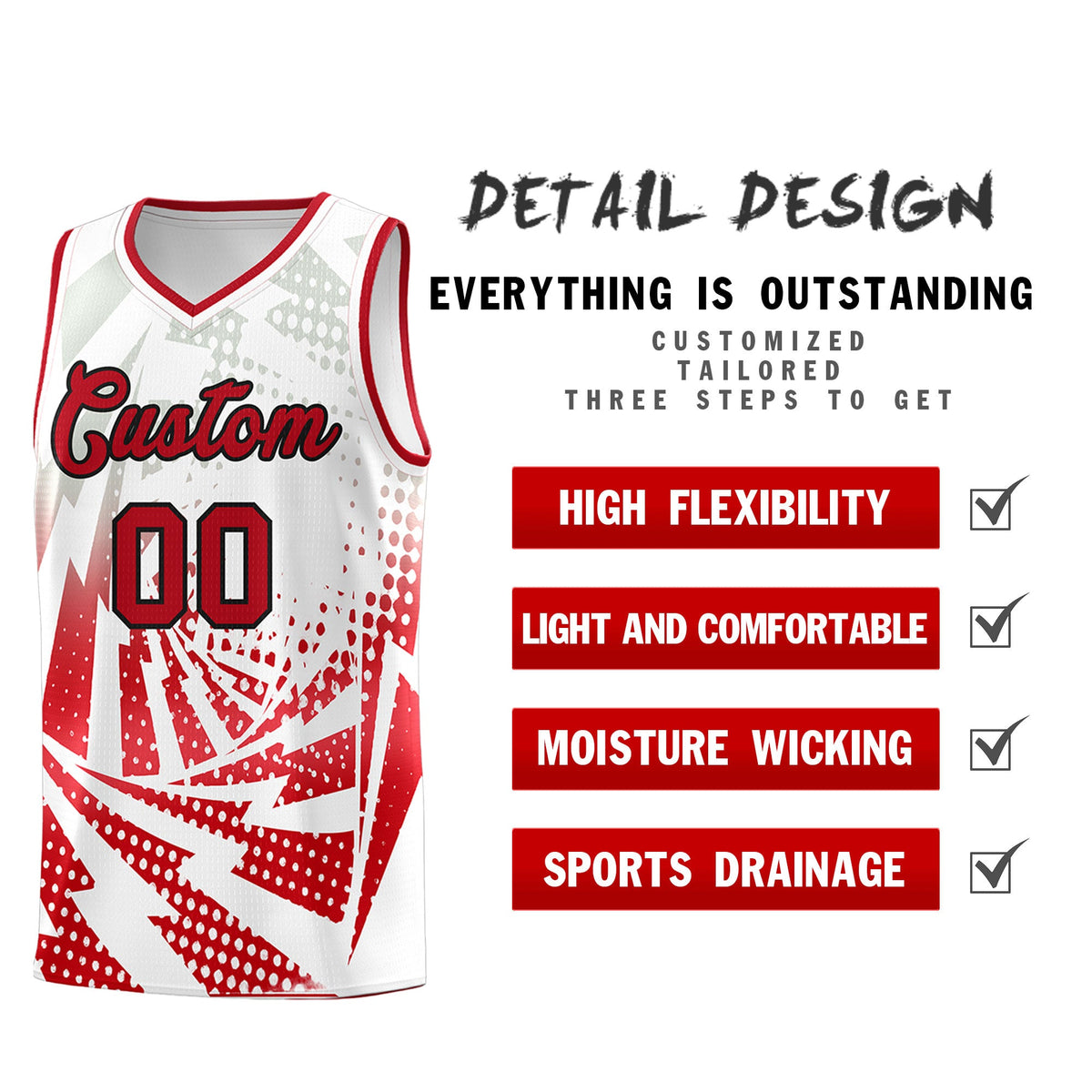 Custom Youth Basketball Jerseys White Red Lightning Halftone Personalized Team Uniforms