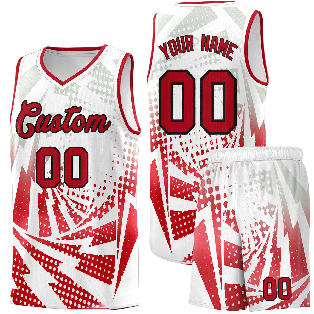 Custom Youth Basketball Jerseys White Red Lightning Halftone Personalized Team Uniforms