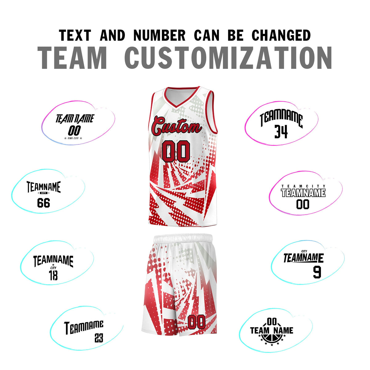 Custom Youth Basketball Jerseys White Red Lightning Halftone Personalized Team Uniforms