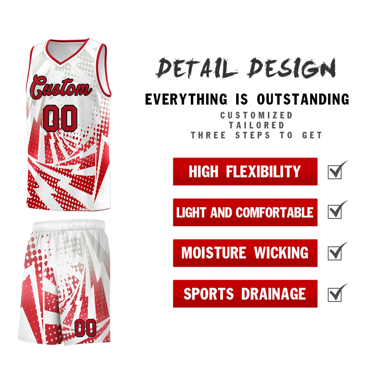 Custom Youth Basketball Jerseys White Red Lightning Halftone Personalized Team Uniforms
