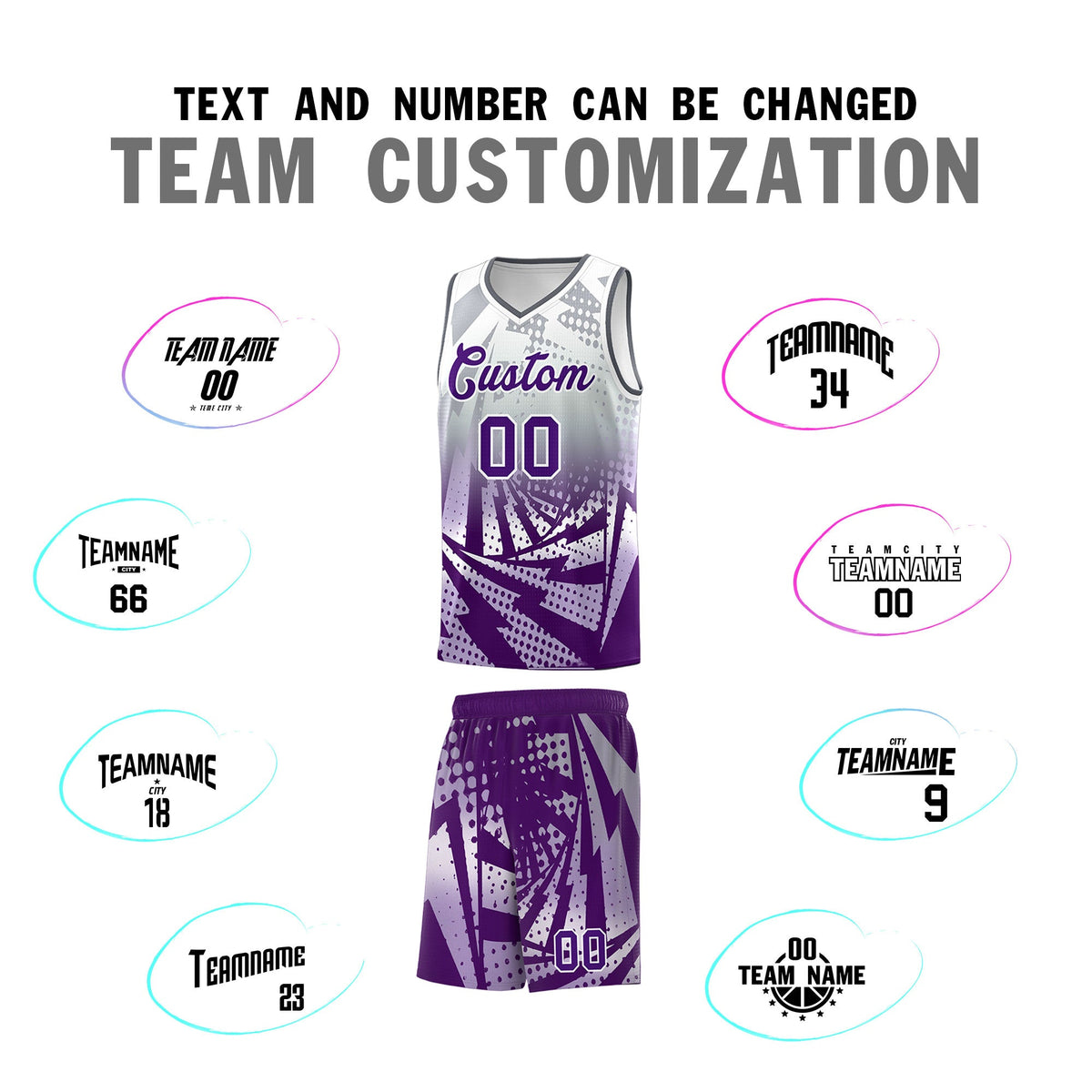 Custom Youth Basketball Jerseys Silver Gray Purple Lightning Design Halftone Personalized Uniforms