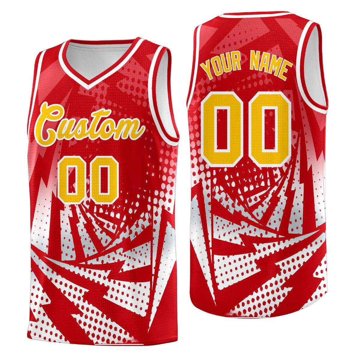 Custom Youth Basketball Jerseys Red White Lightning Halftone Personalized Team Uniforms
