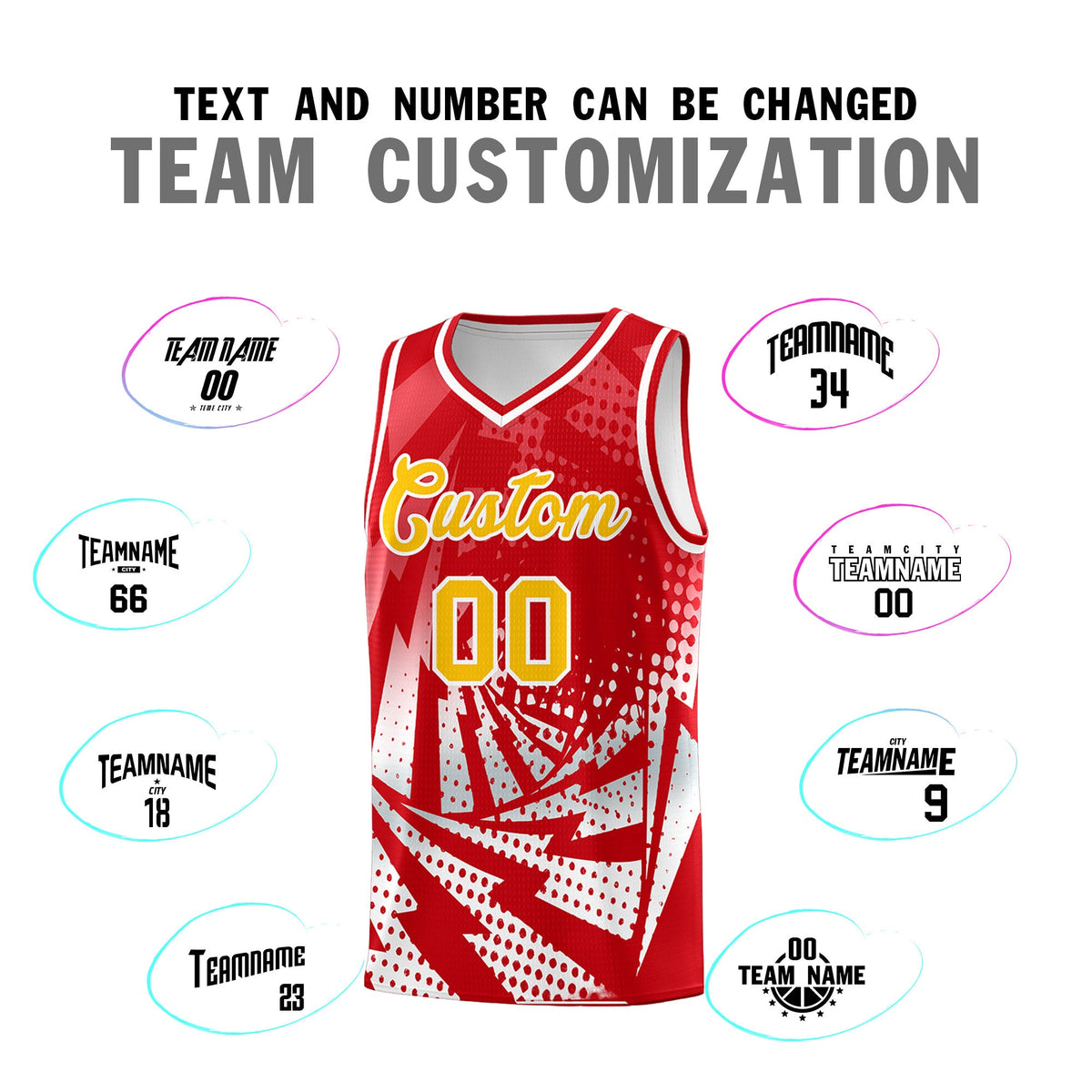 Custom Youth Basketball Jerseys Red White Lightning Halftone Personalized Team Uniforms
