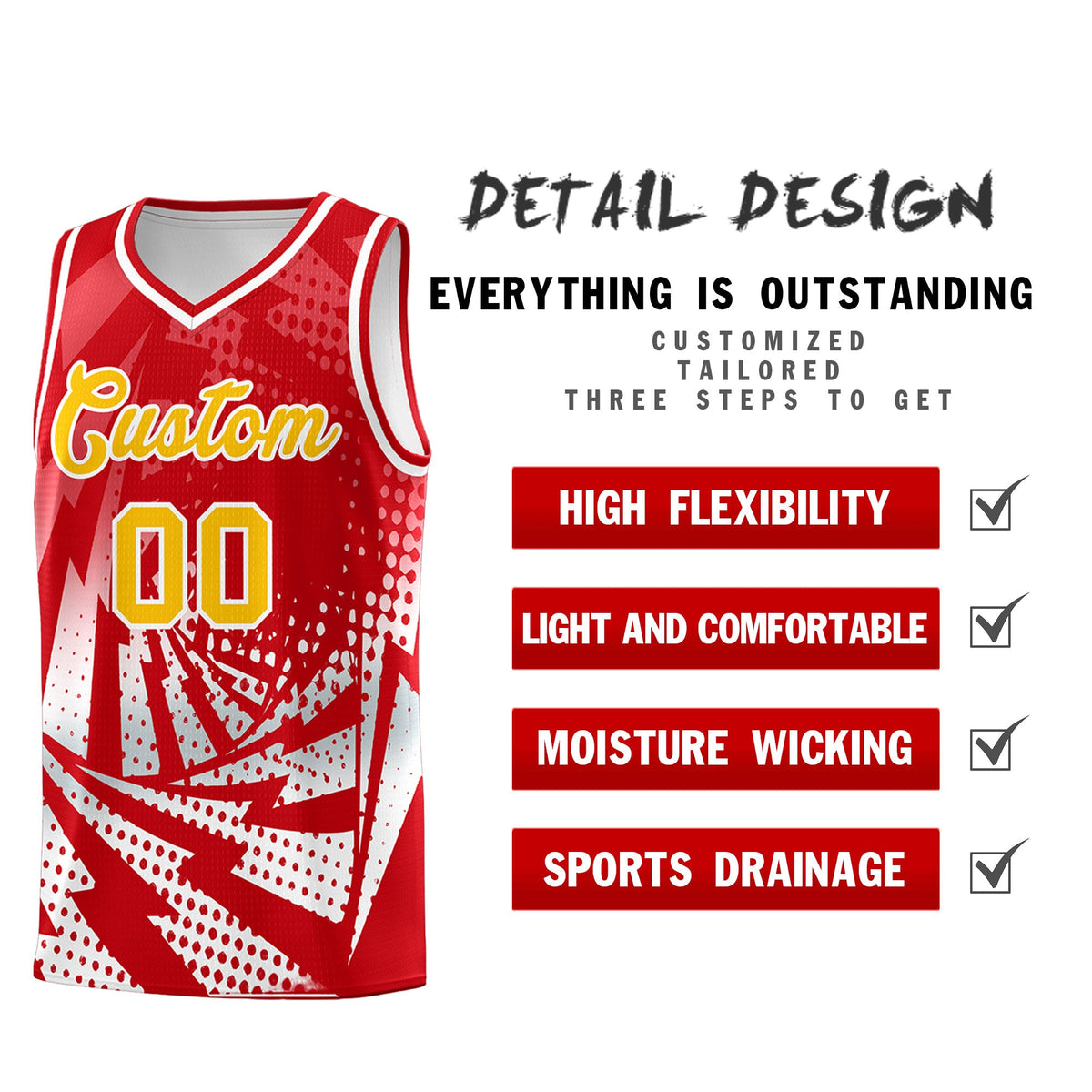 Custom Youth Basketball Jerseys Red White Lightning Halftone Personalized Team Uniforms