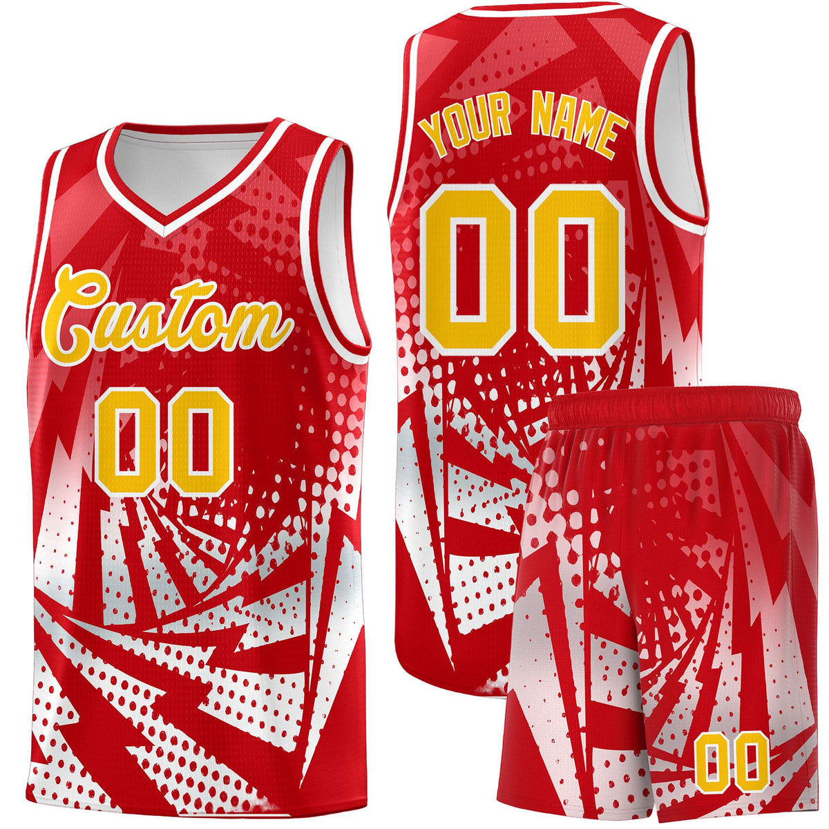 Custom Youth Basketball Jerseys Red White Lightning Halftone Personalized Team Uniforms