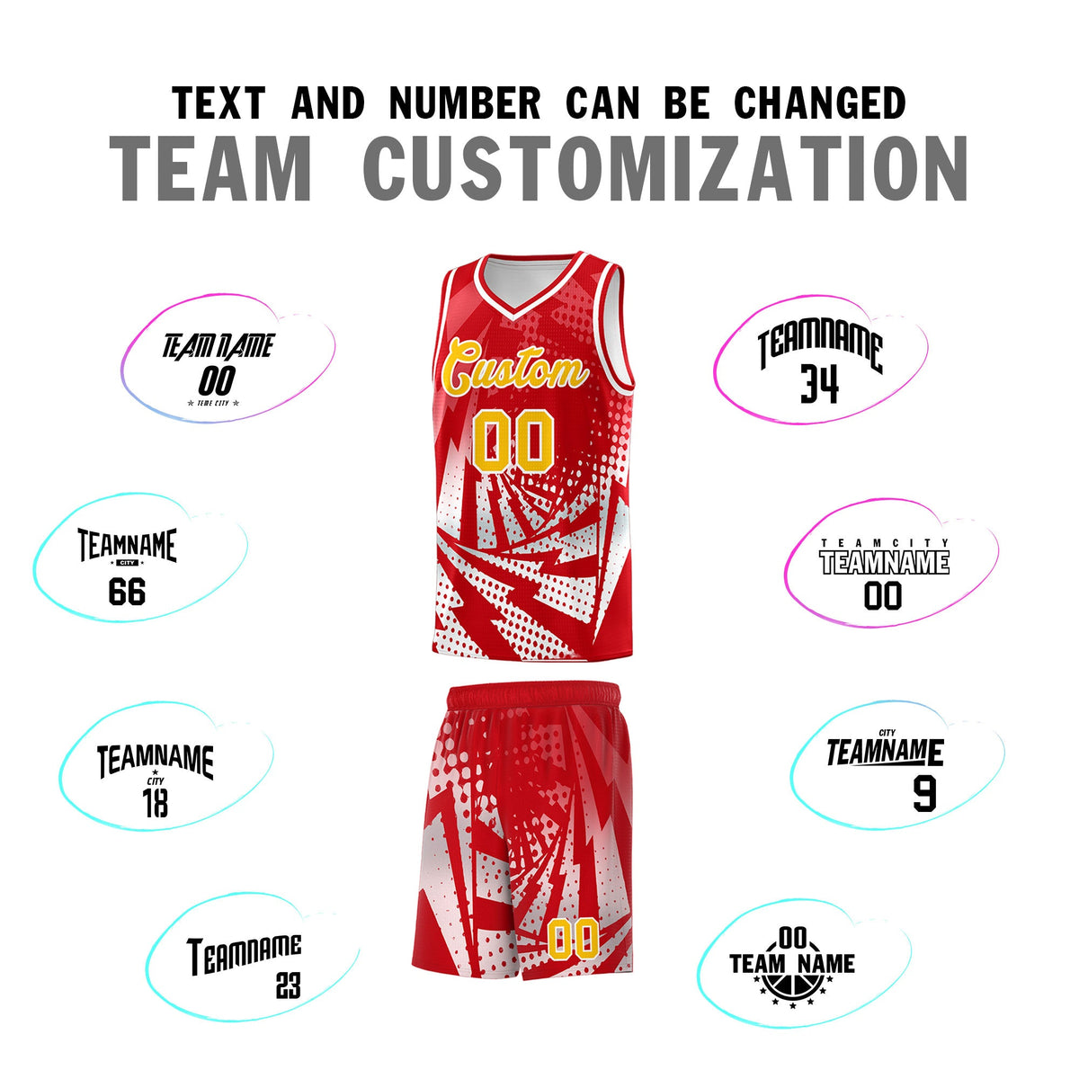 Custom Youth Basketball Jerseys Red White Lightning Halftone Personalized Team Uniforms