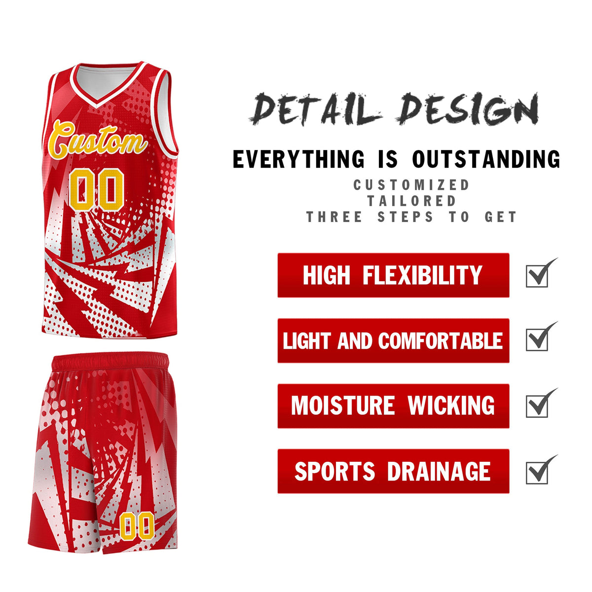 Custom Youth Basketball Jerseys Red White Lightning Halftone Personalized Team Uniforms