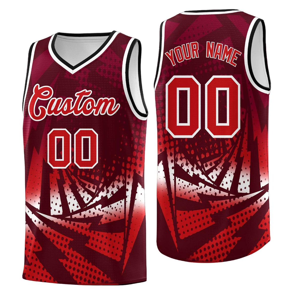 Custom Youth Basketball Jerseys Maroon Red Lightning Halftone Personalized Team Uniforms