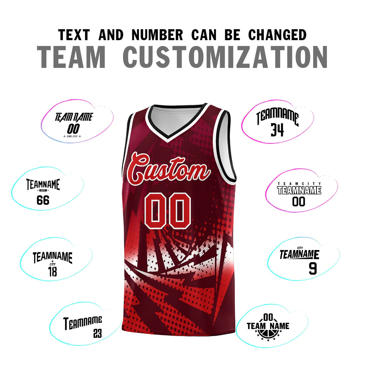 Custom Youth Basketball Jerseys Maroon Red Lightning Halftone Personalized Team Uniforms