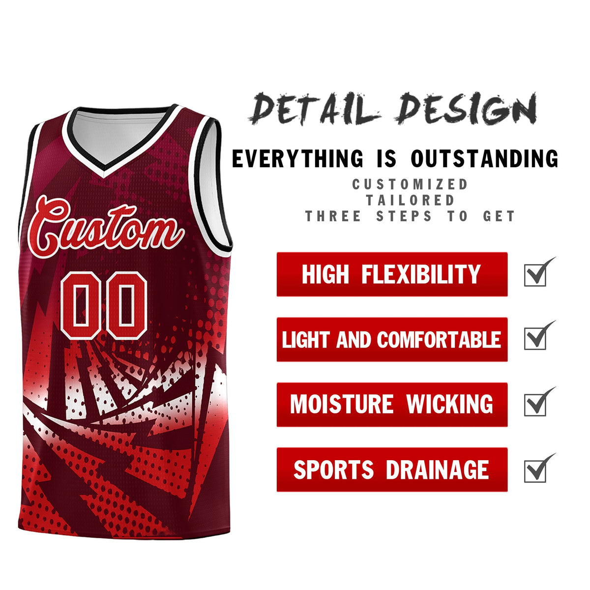 Custom Youth Basketball Jerseys Maroon Red Lightning Halftone Personalized Team Uniforms
