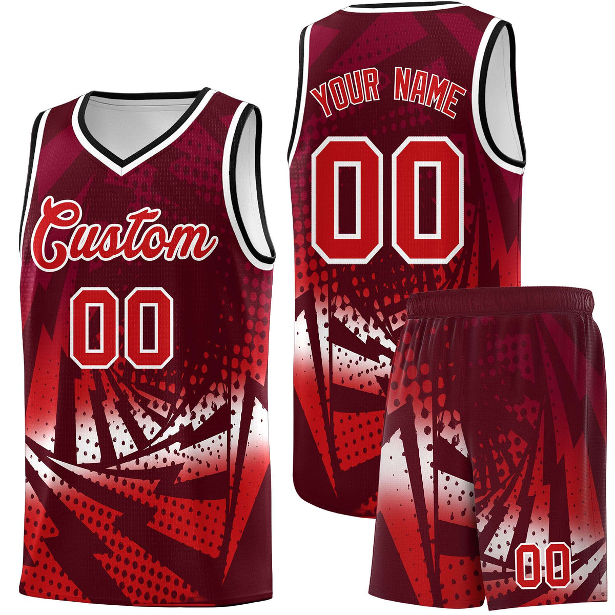 Custom Youth Basketball Jerseys Maroon Red Lightning Halftone Personalized Team Uniforms