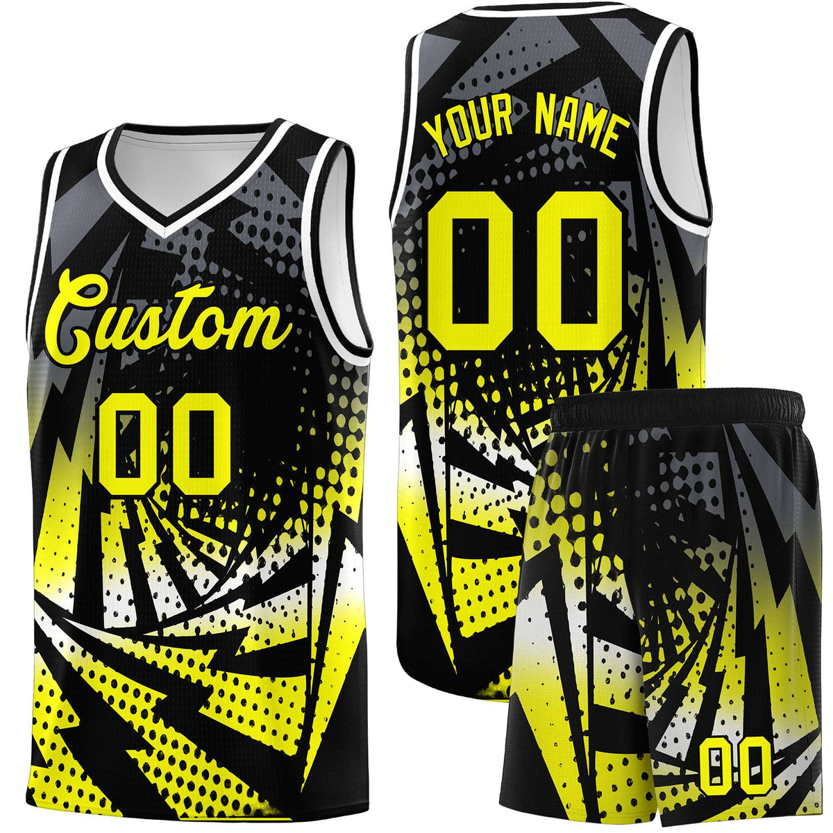 Custom Youth Basketball Jerseys Black Fluorescent Yellow Lightning Design Halftone Personalized Uniforms