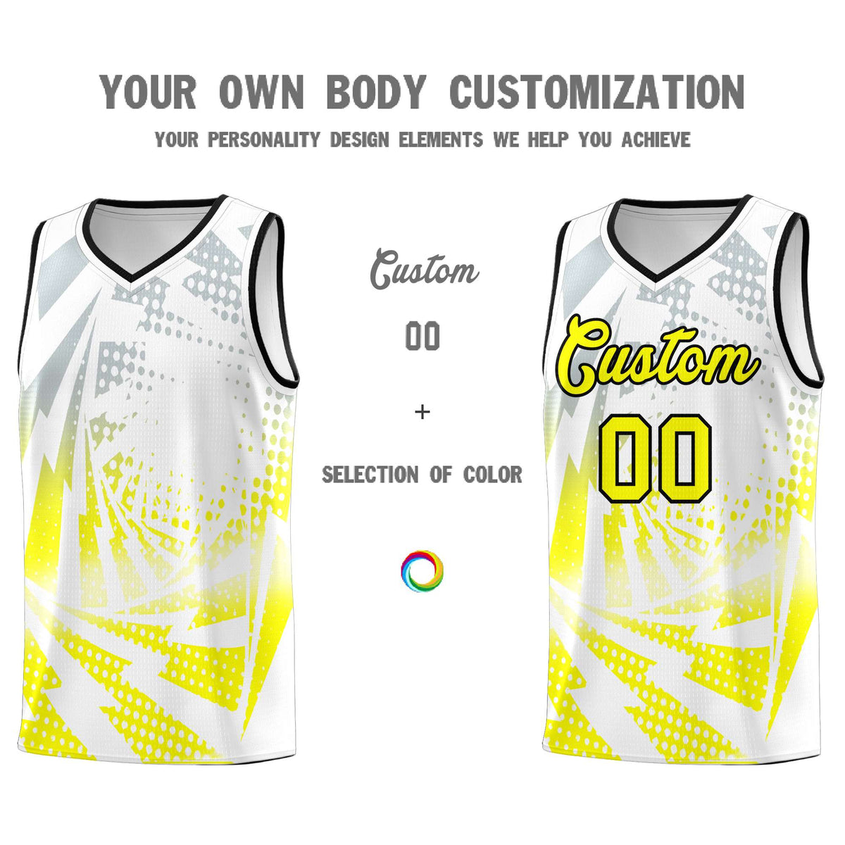 Custom Youth Basketball Jerseys White Fluorescent Yellow Lightning Halftone Personalized Team Uniforms
