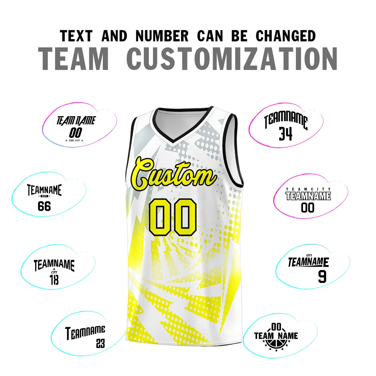 Custom Youth Basketball Jerseys White Fluorescent Yellow Lightning Halftone Personalized Team Uniforms