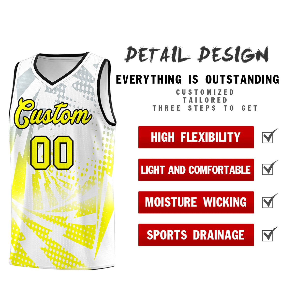 Custom Youth Basketball Jerseys White Fluorescent Yellow Lightning Halftone Personalized Team Uniforms