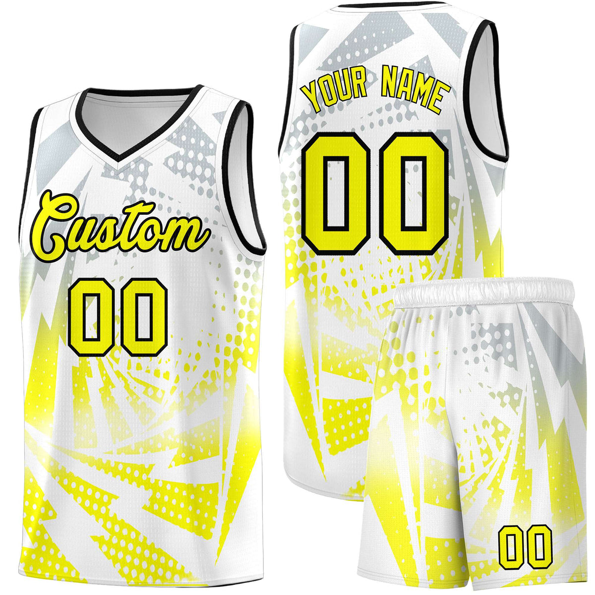 Custom Youth Basketball Jerseys White Fluorescent Yellow Lightning Halftone Personalized Team Uniforms