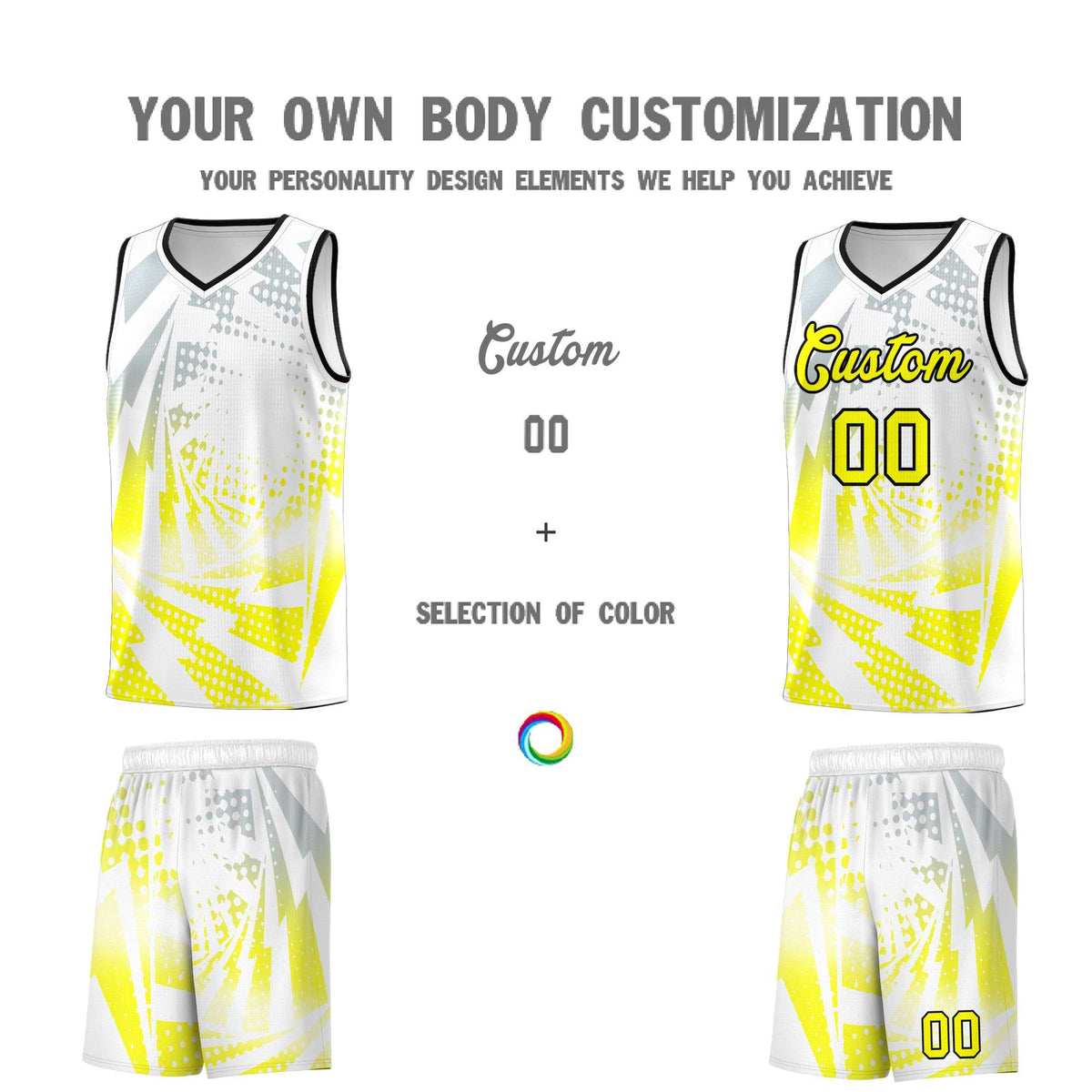 Custom Youth Basketball Jerseys White Fluorescent Yellow Lightning Halftone Personalized Team Uniforms