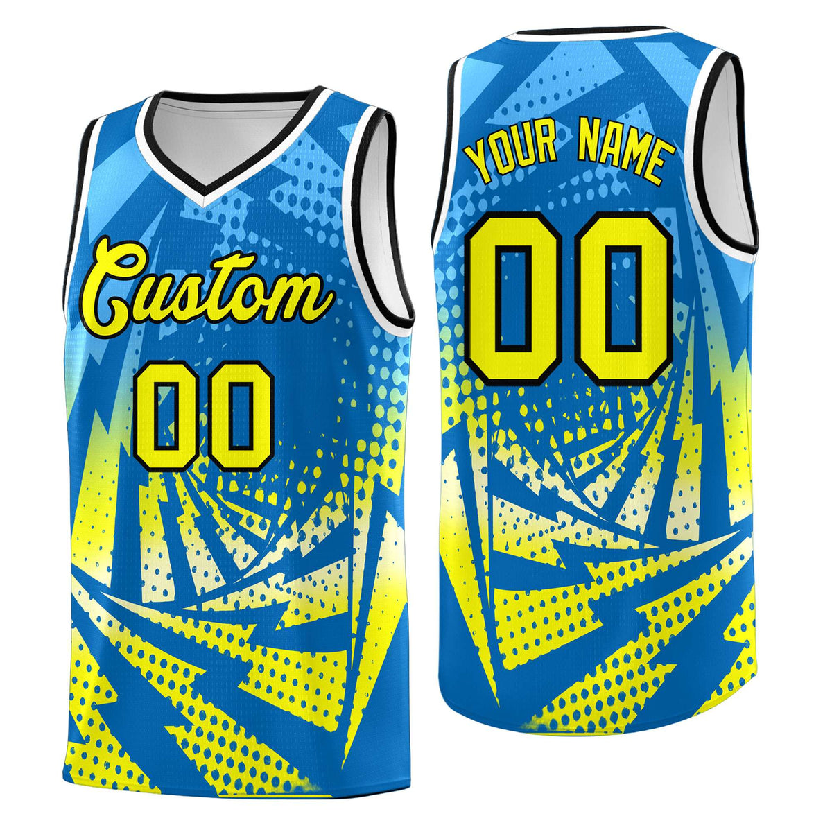 Custom Youth Basketball Jerseys Light Blue Fluorescent Yellow Lightning Design Halftone Personalized Uniforms