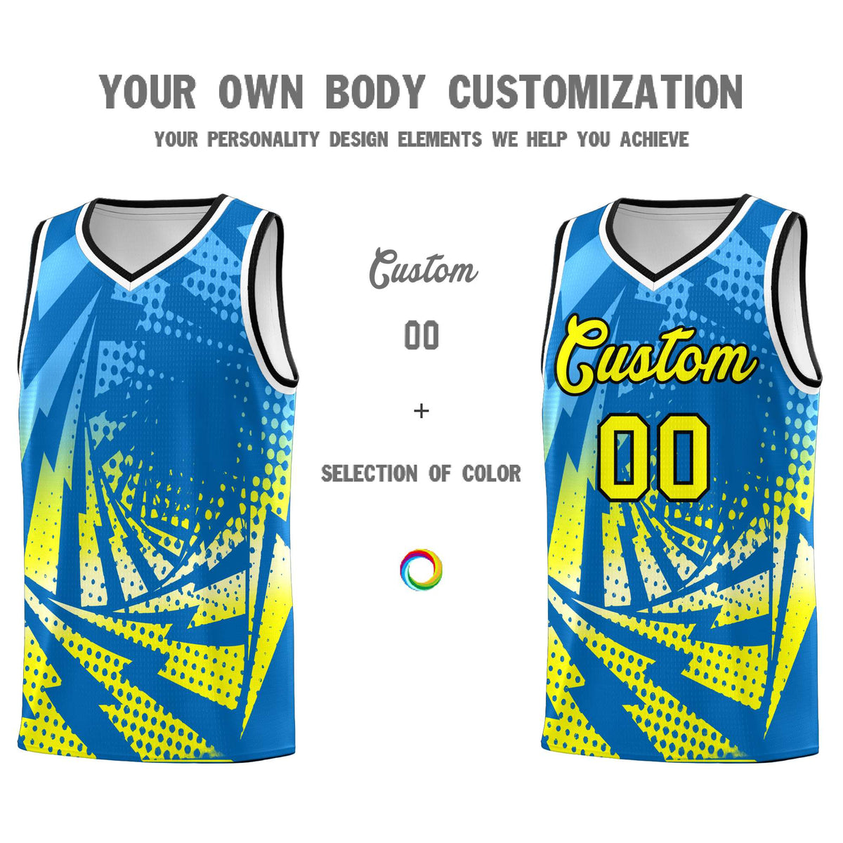 Custom Youth Basketball Jerseys Light Blue Fluorescent Yellow Lightning Design Halftone Personalized Uniforms