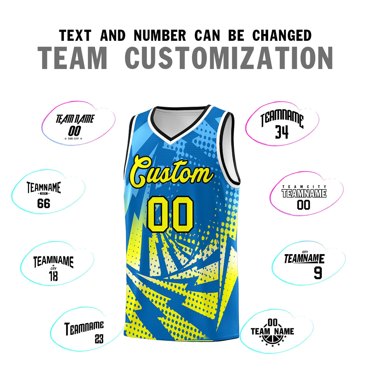 Custom Youth Basketball Jerseys Light Blue Fluorescent Yellow Lightning Design Halftone Personalized Uniforms