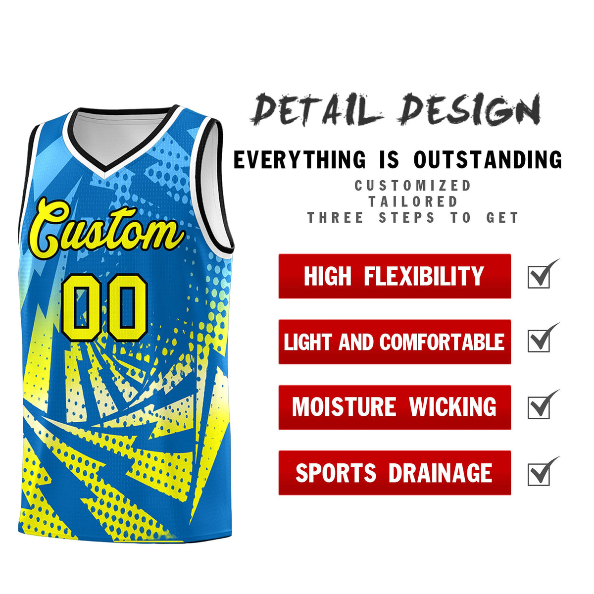 Custom Youth Basketball Jerseys Light Blue Fluorescent Yellow Lightning Design Halftone Personalized Uniforms