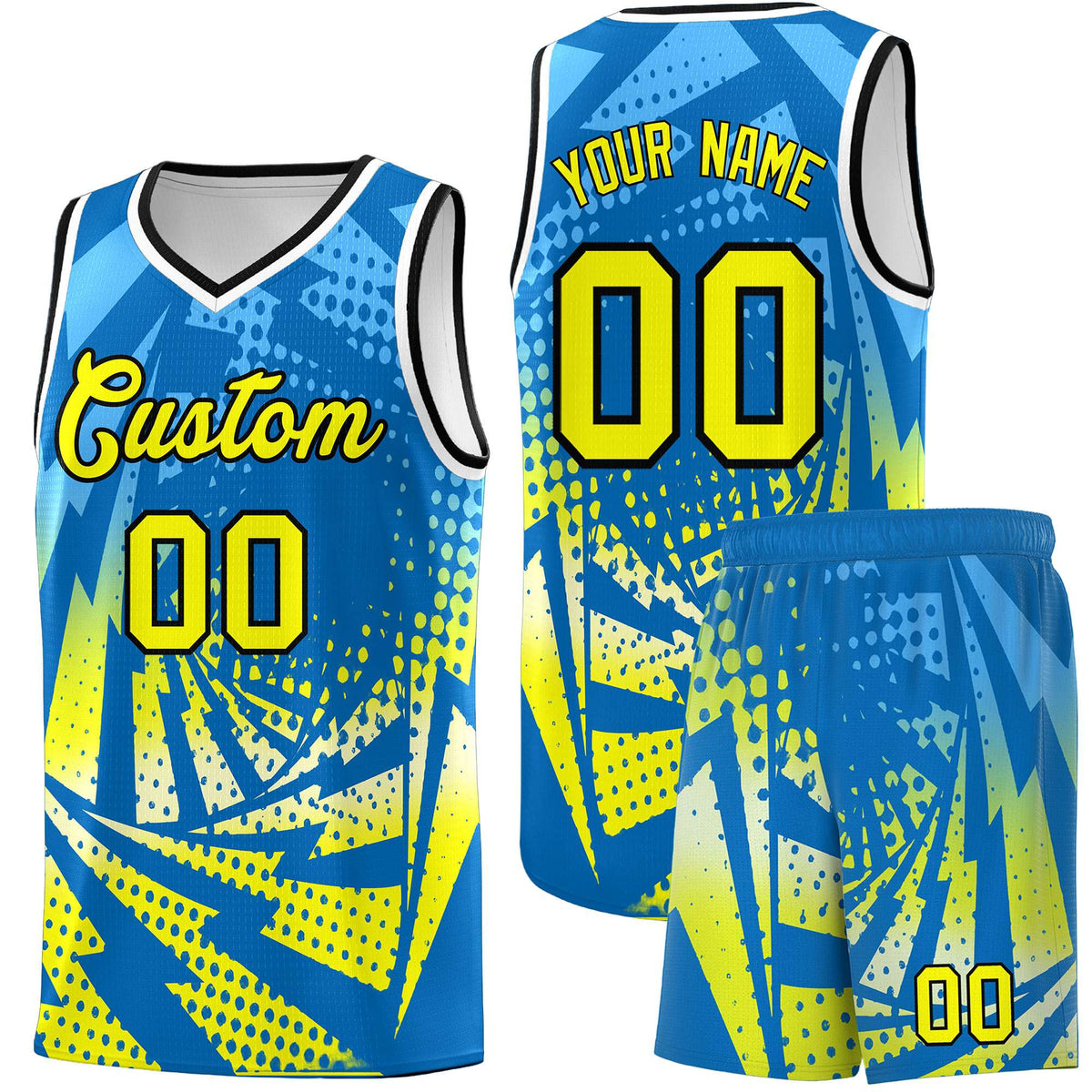 Custom Youth Basketball Jerseys Light Blue Fluorescent Yellow Lightning Design Halftone Personalized Uniforms