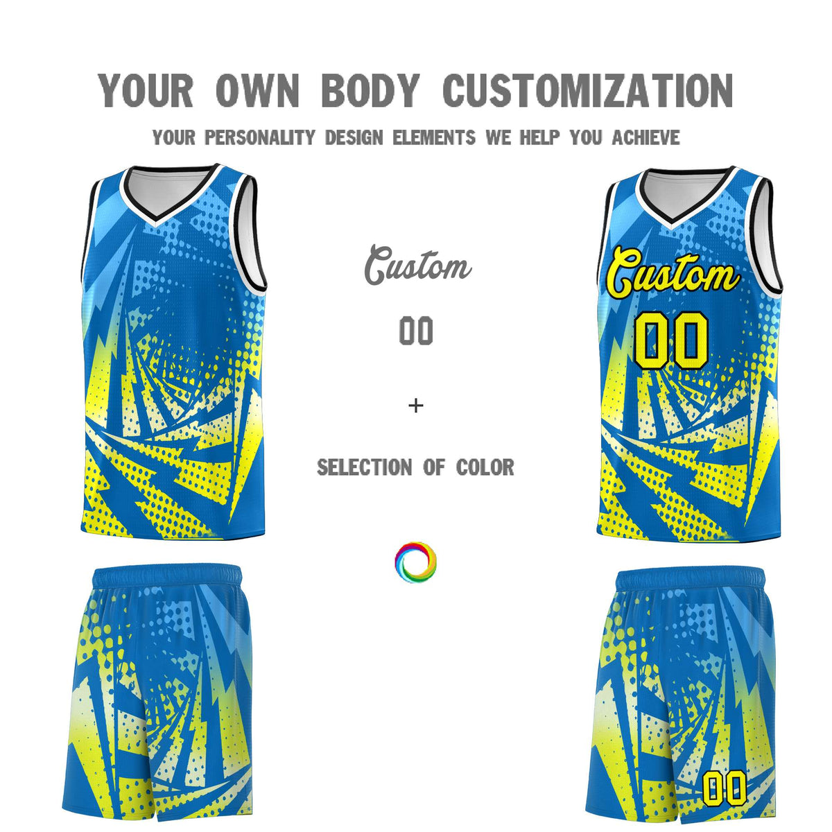 Custom Youth Basketball Jerseys Light Blue Fluorescent Yellow Lightning Design Halftone Personalized Uniforms