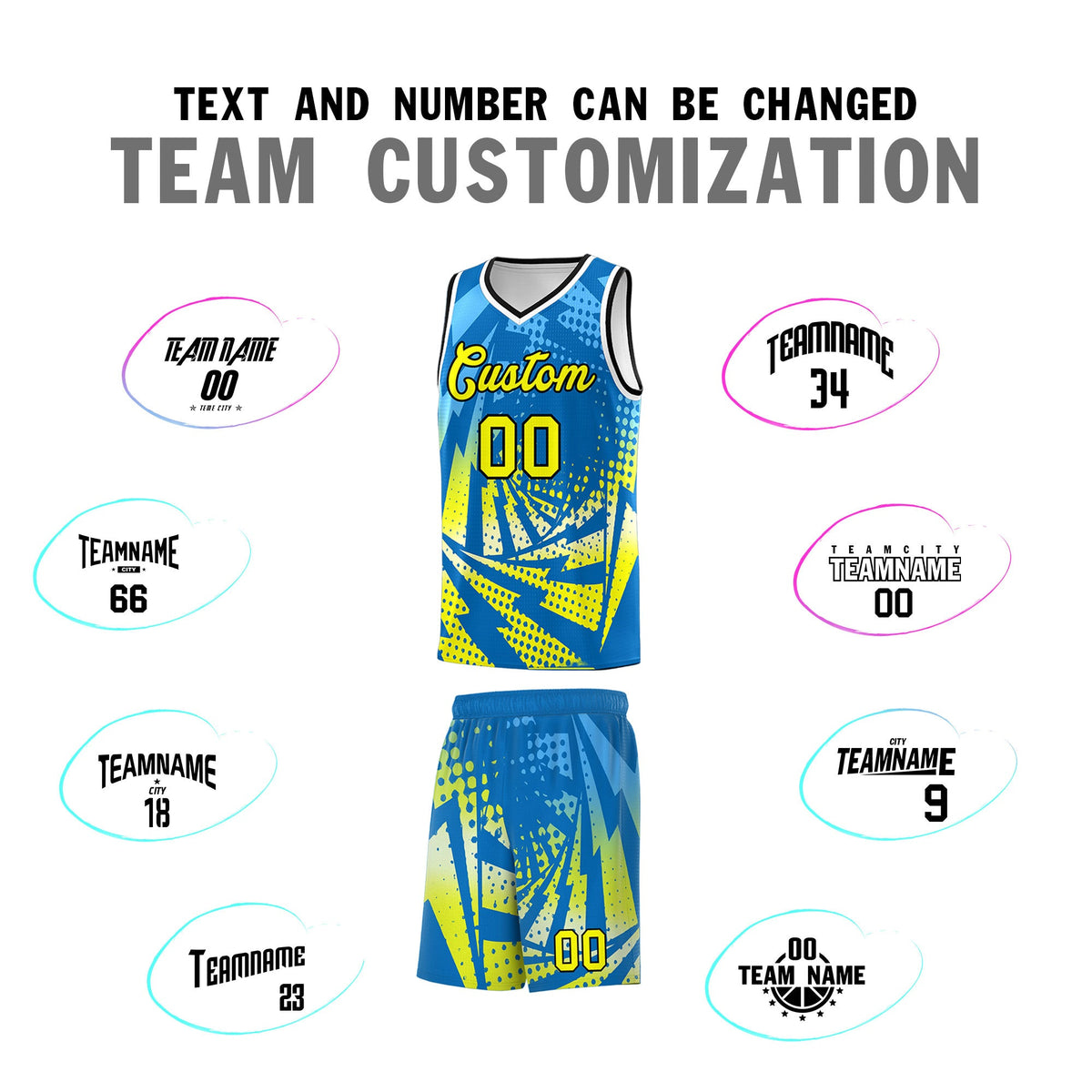 Custom Youth Basketball Jerseys Light Blue Fluorescent Yellow Lightning Design Halftone Personalized Uniforms