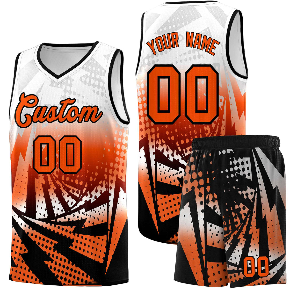 Custom Youth Basketball Jerseys White Orange Lightning Halftone Personalized Team Uniforms