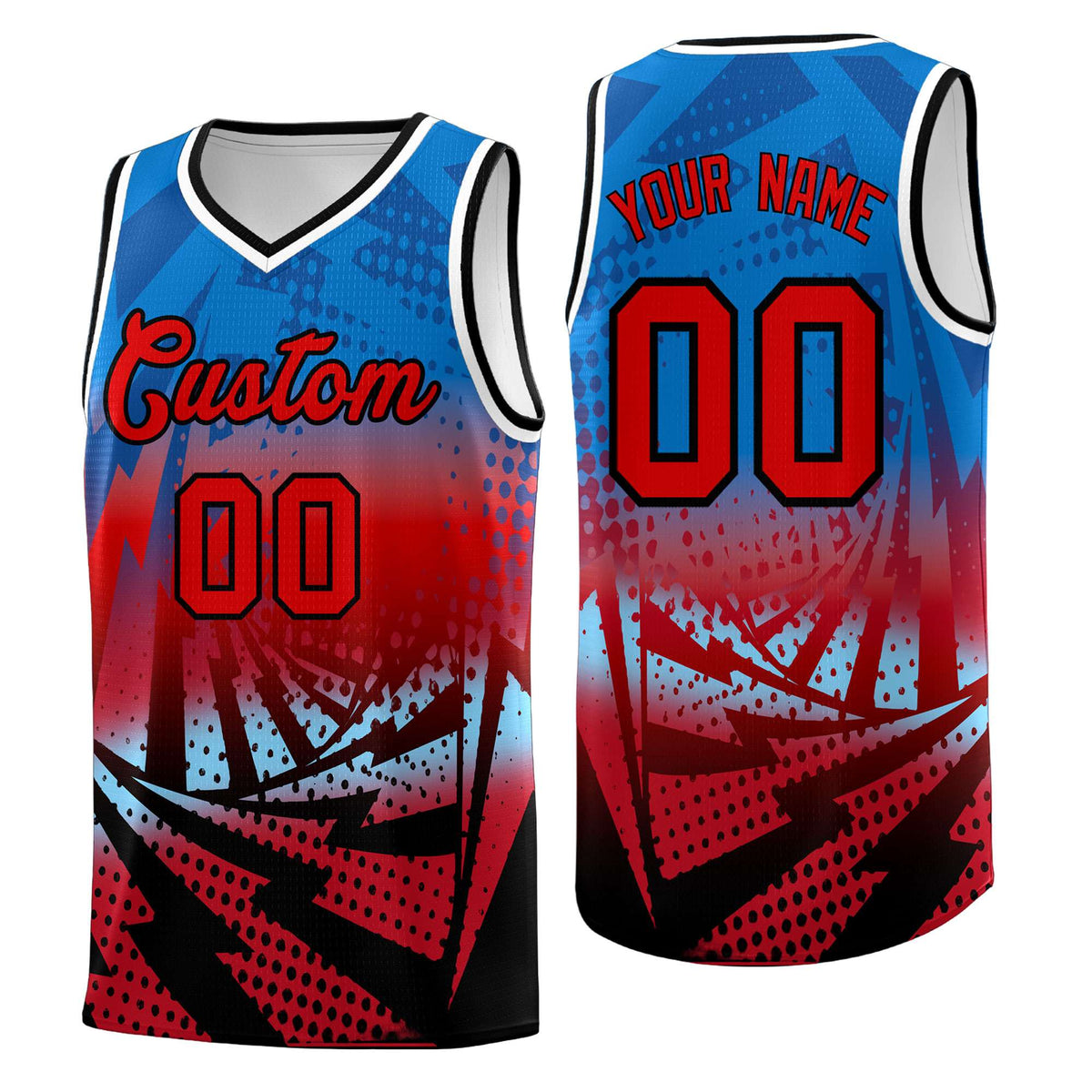 Custom Youth Basketball Jerseys Royal Red Lightning Design Halftone Personalized Uniforms