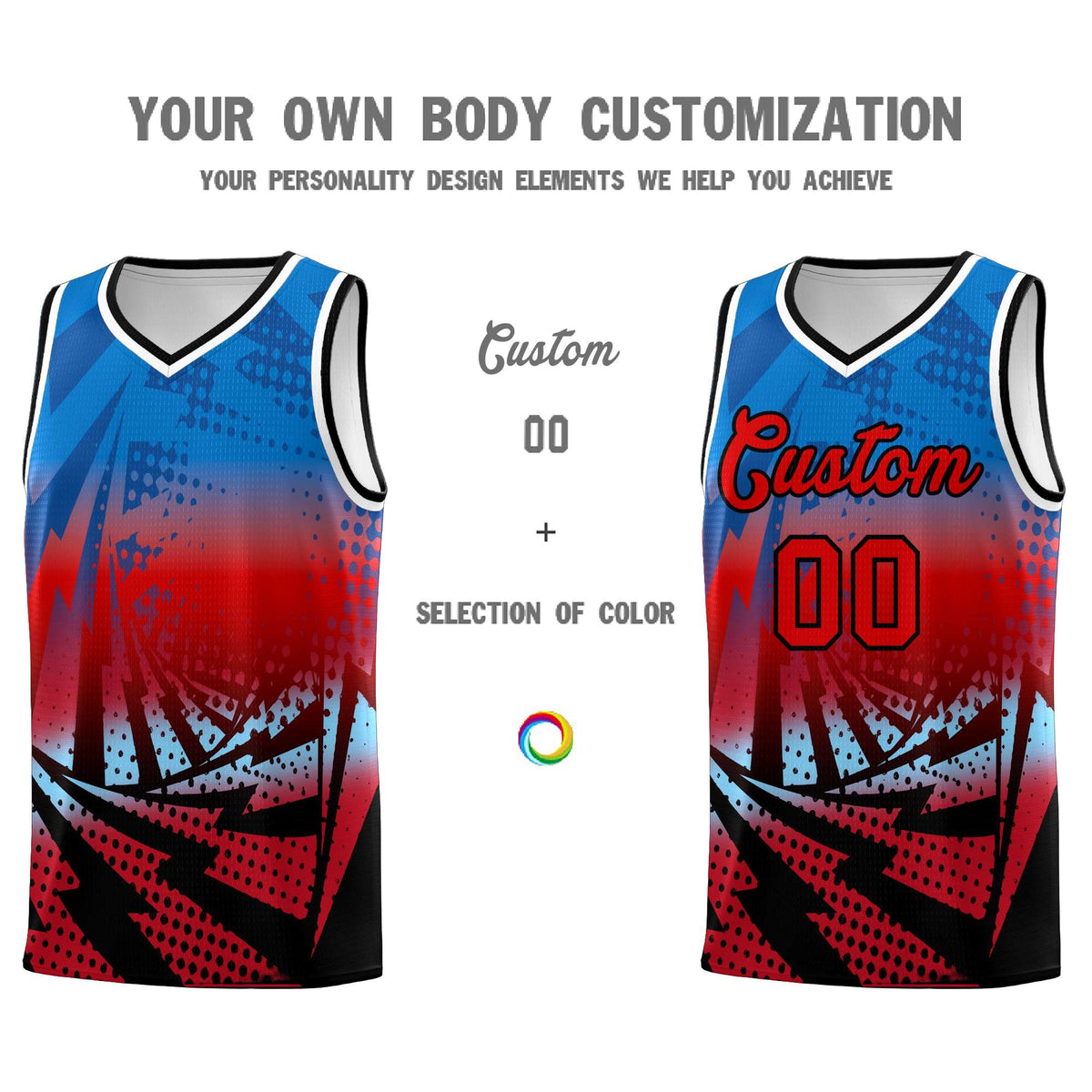 Custom Youth Basketball Jerseys Royal Red Lightning Design Halftone Personalized Uniforms