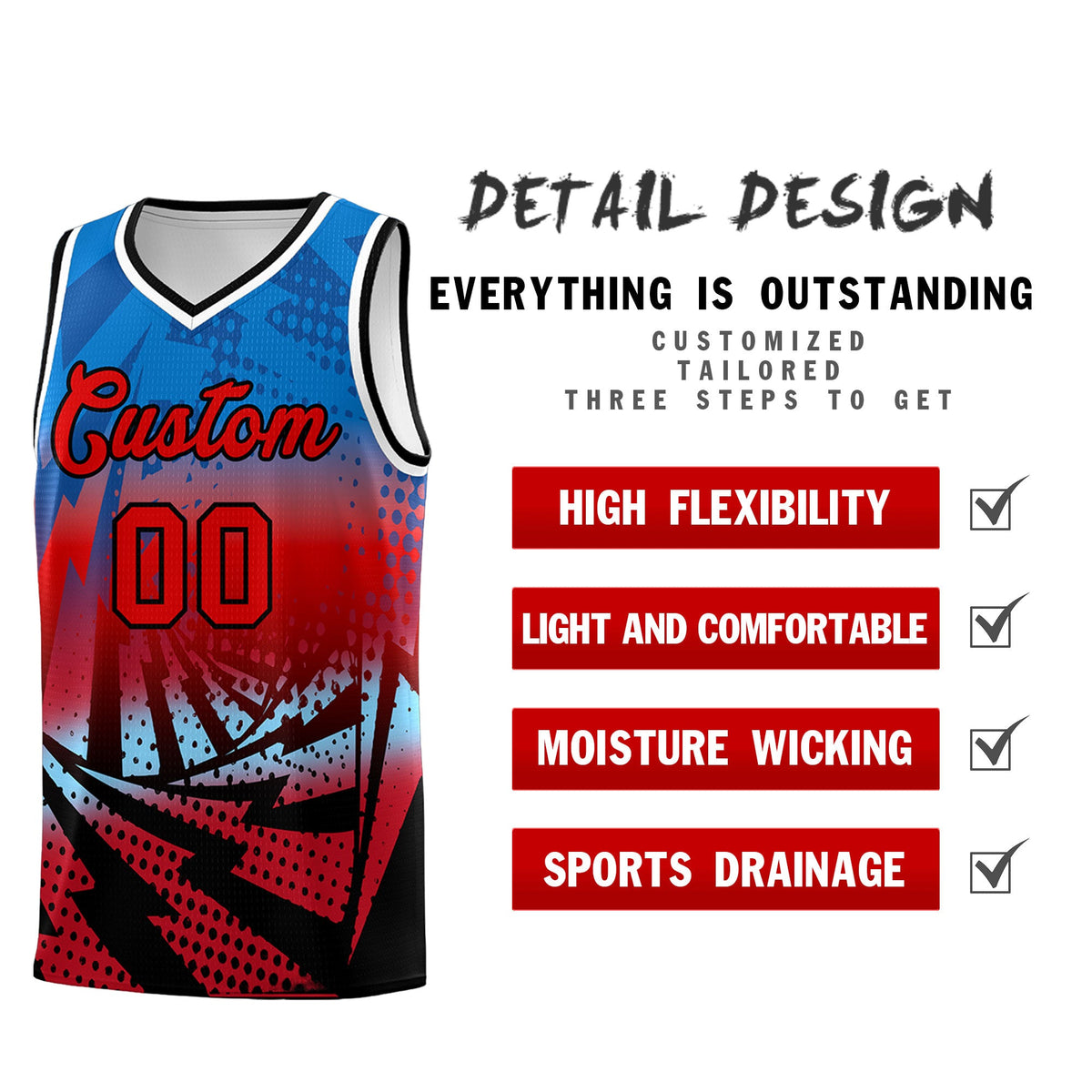 Custom Youth Basketball Jerseys Royal Red Lightning Design Halftone Personalized Uniforms