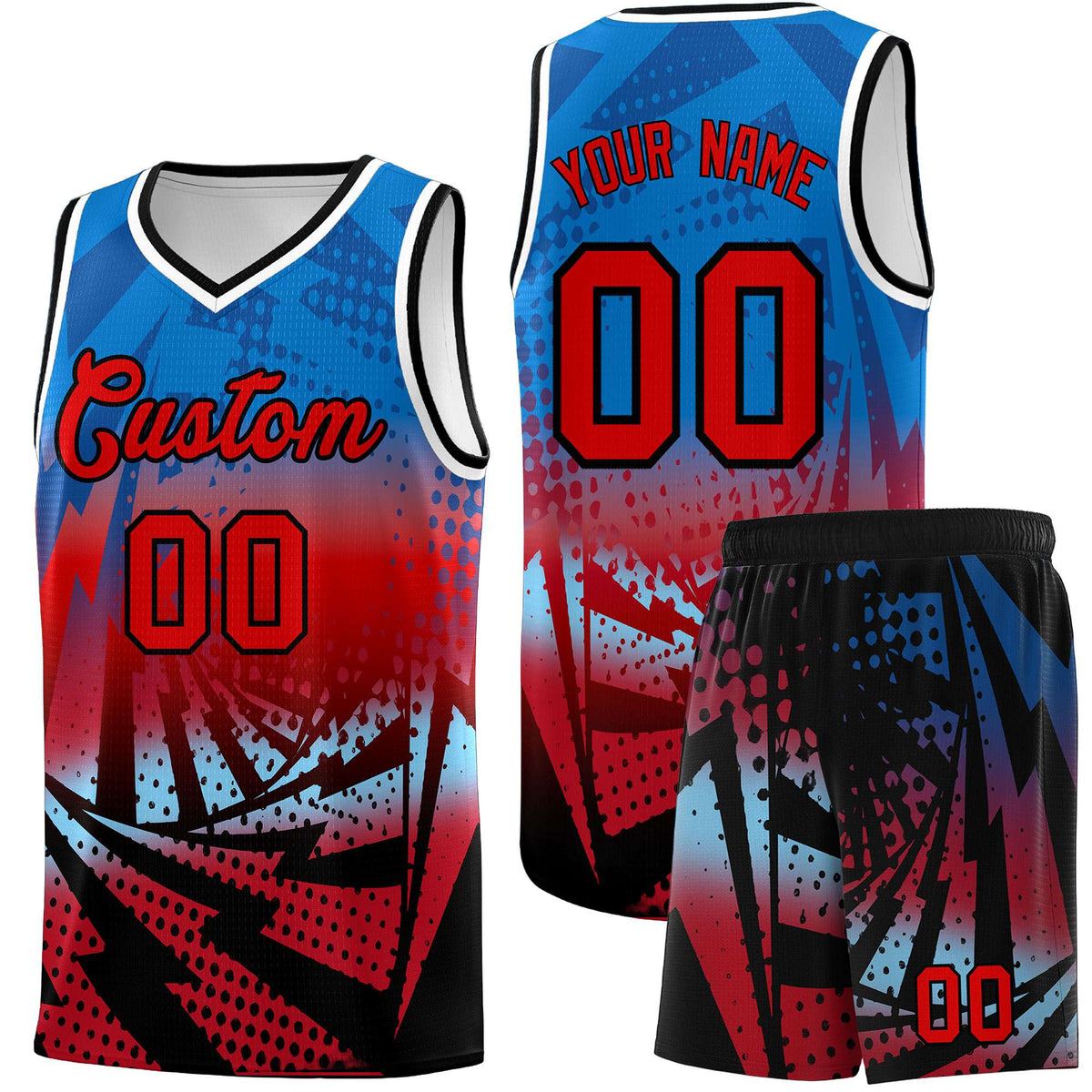 Custom Youth Basketball Jerseys Royal Red Lightning Design Halftone Personalized Uniforms