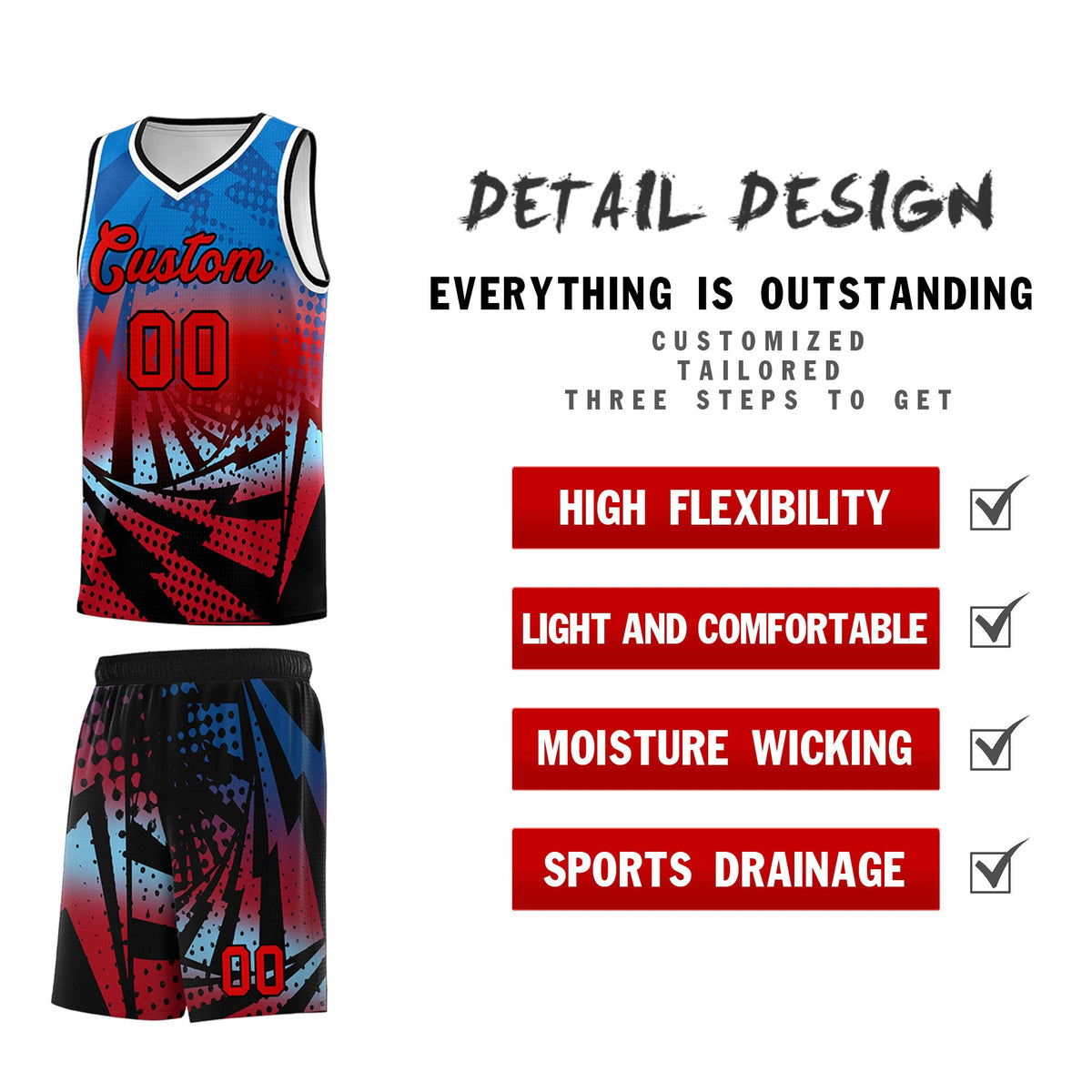 Custom Youth Basketball Jerseys Royal Red Lightning Design Halftone Personalized Uniforms