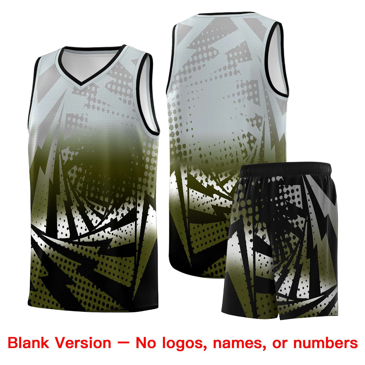 Custom Youth Basketball Jerseys Silver Gray Olive Lightning Design Halftone Personalized Uniforms