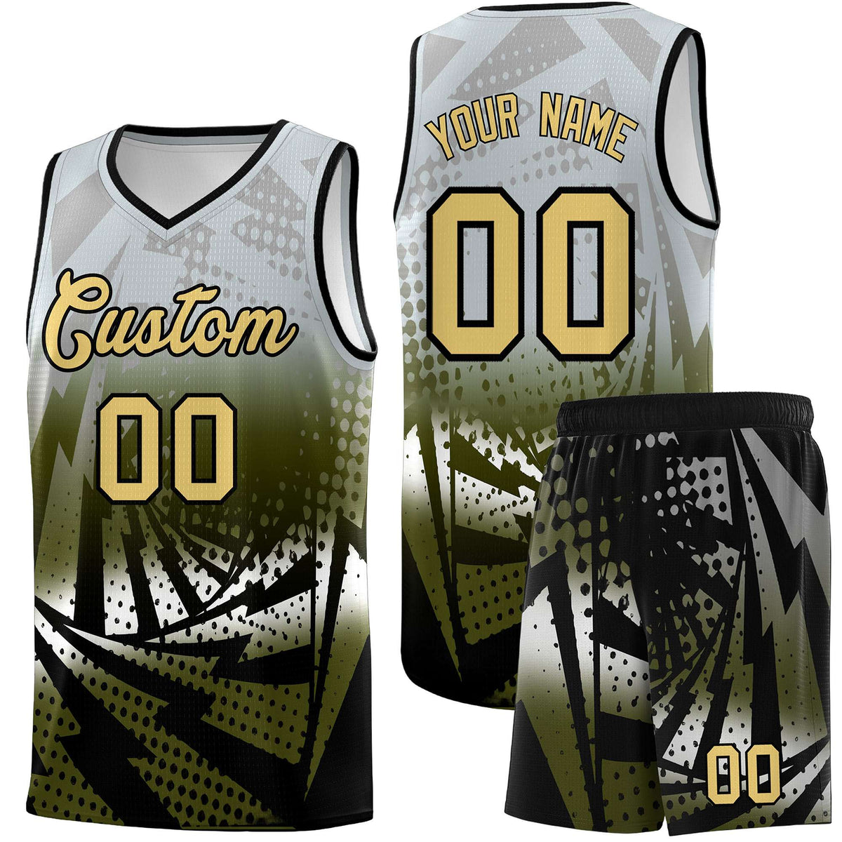 Custom Youth Basketball Jerseys Silver Gray Olive Lightning Design Halftone Personalized Uniforms