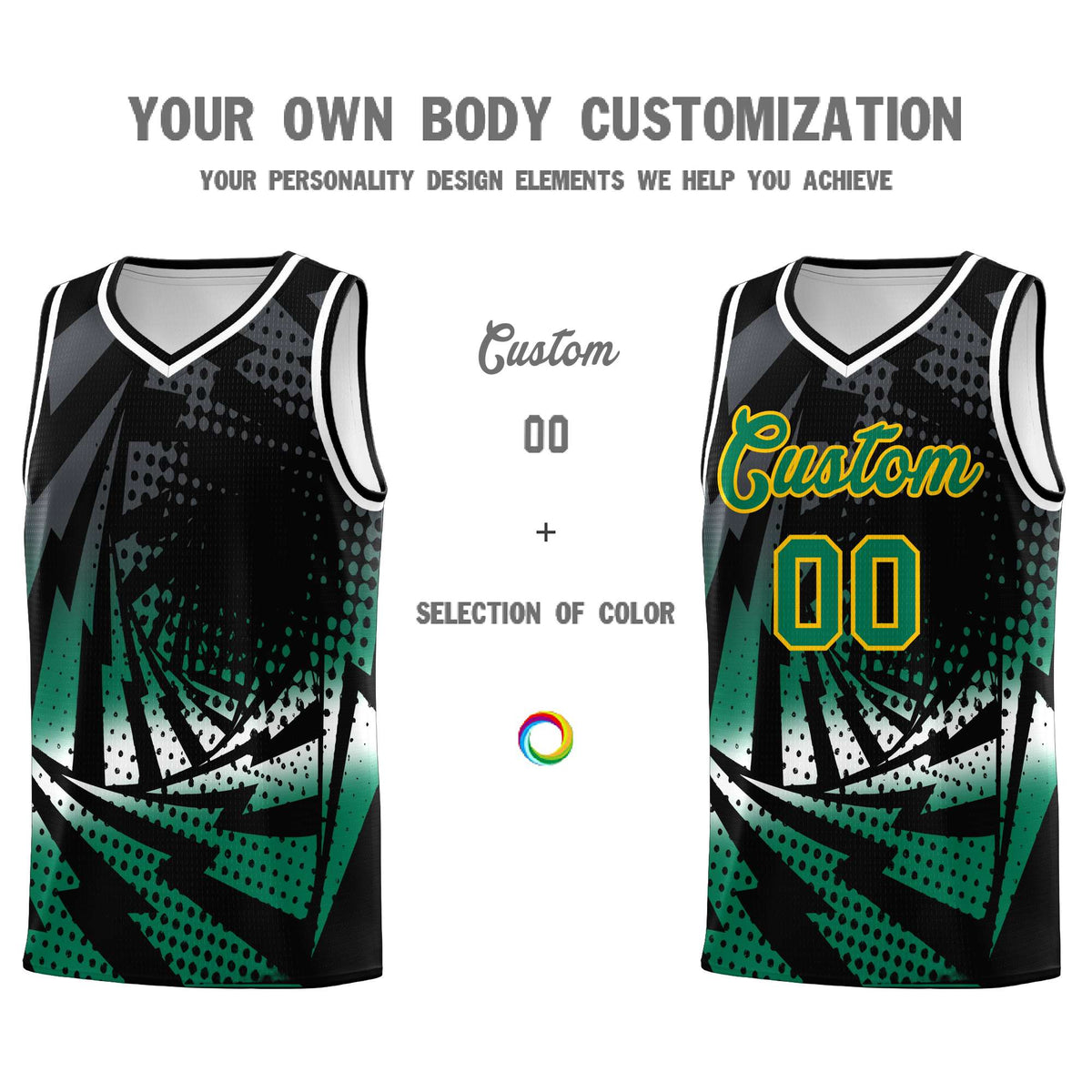 Custom Youth Basketball Jerseys Black Kelly Green Lightning Design Halftone Personalized Uniforms