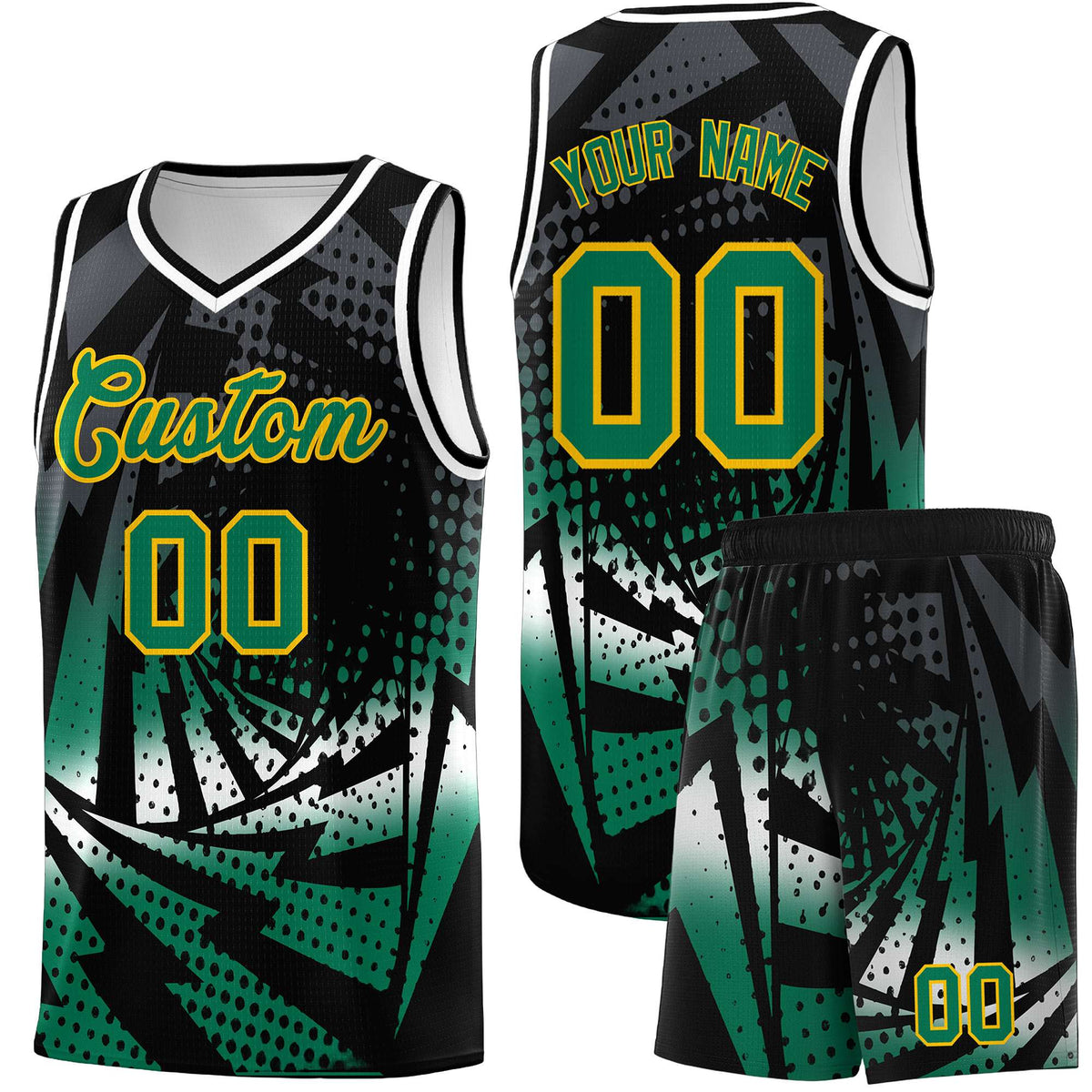 Custom Youth Basketball Jerseys Black Kelly Green Lightning Design Halftone Personalized Uniforms