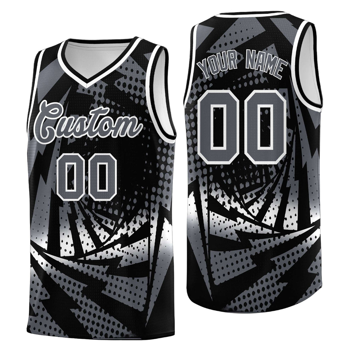 Custom Youth Basketball Jerseys Black Dark Gray Lightning Design Halftone Personalized Uniforms