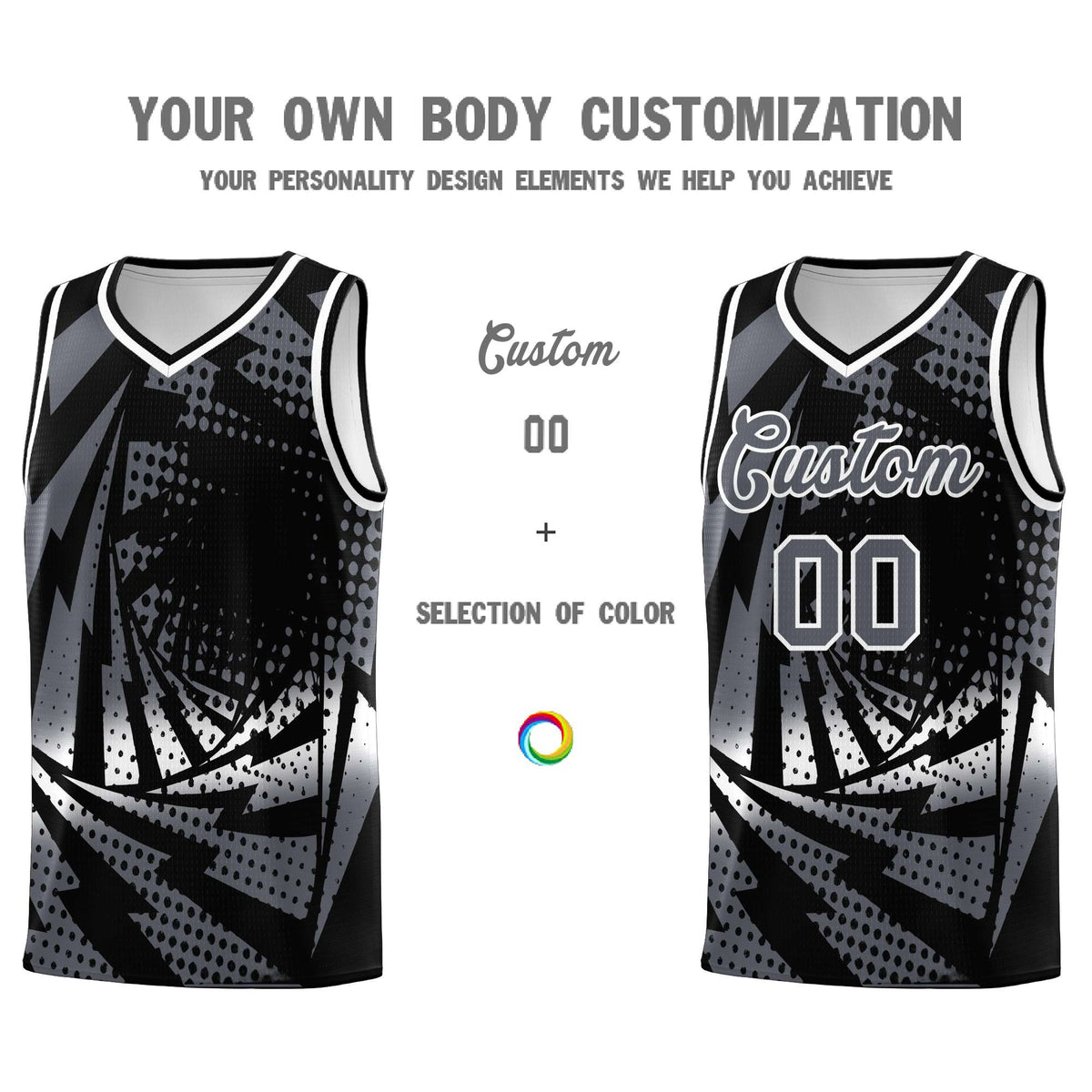 Custom Youth Basketball Jerseys Black Dark Gray Lightning Design Halftone Personalized Uniforms