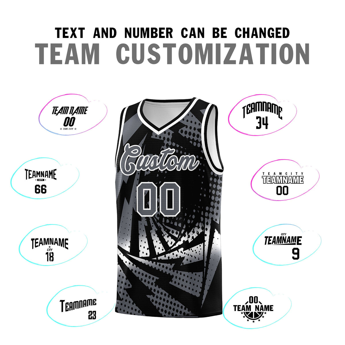 Custom Youth Basketball Jerseys Black Dark Gray Lightning Design Halftone Personalized Uniforms