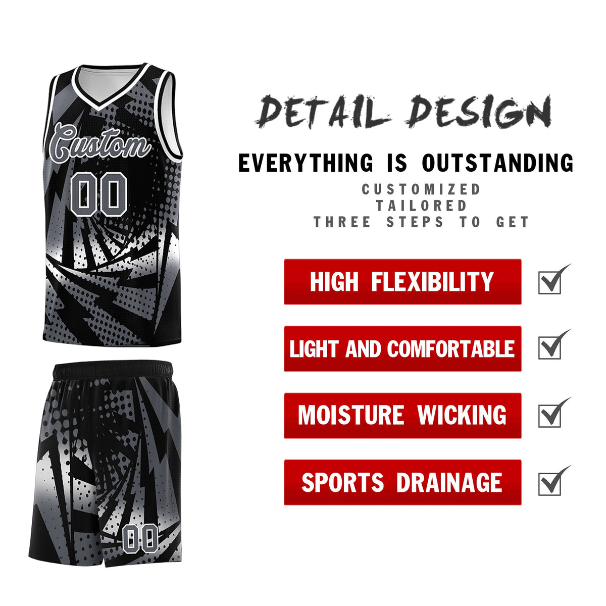 Custom Youth Basketball Jerseys Black Dark Gray Lightning Design Halftone Personalized Uniforms