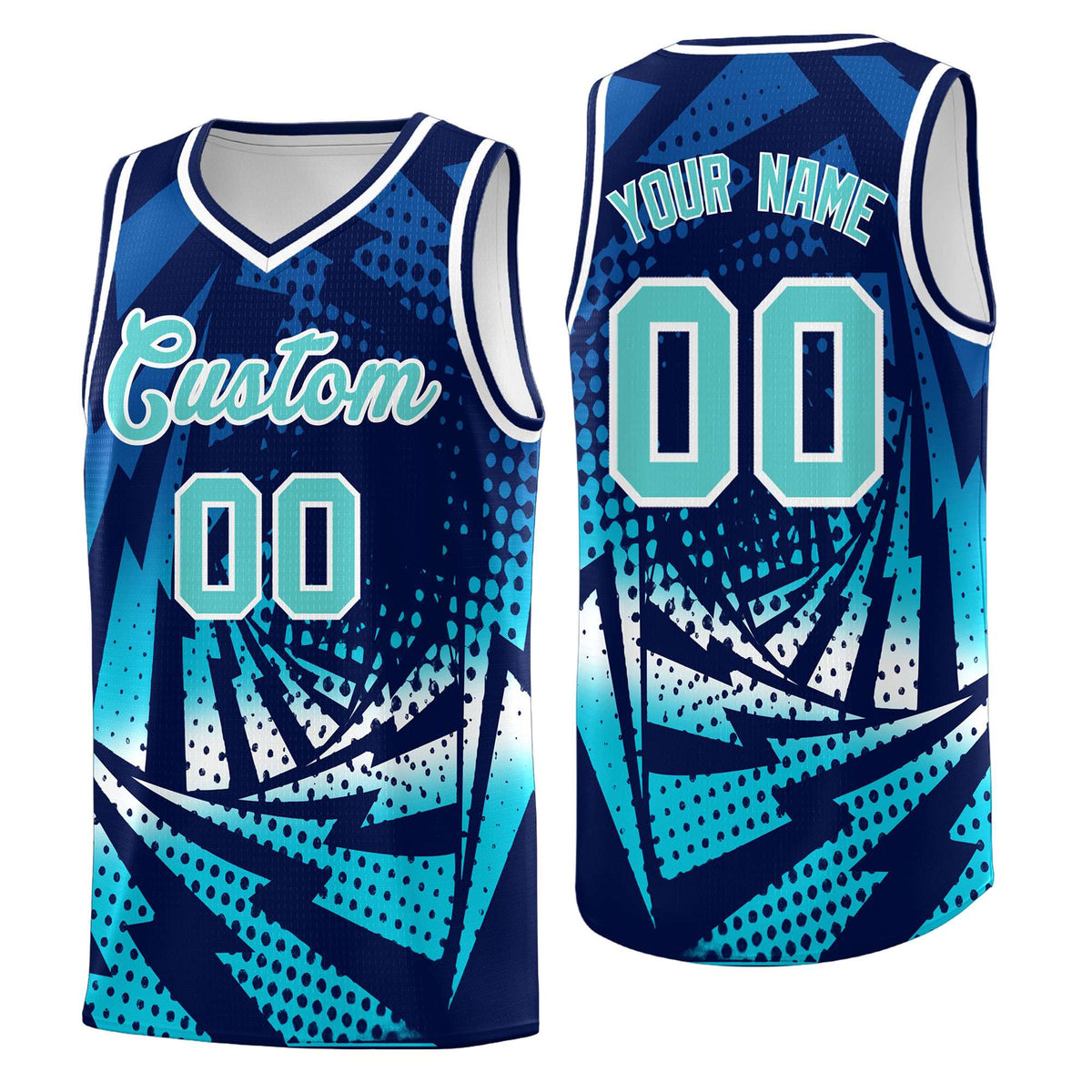 Custom Youth Basketball Jerseys Navy Sky Blue Lightning Halftone Personalized Team Uniforms