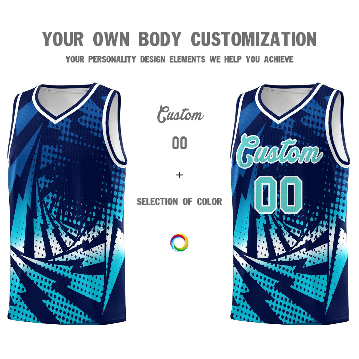 Custom Youth Basketball Jerseys Navy Sky Blue Lightning Halftone Personalized Team Uniforms