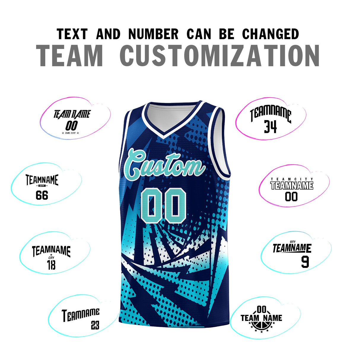 Custom Youth Basketball Jerseys Navy Sky Blue Lightning Halftone Personalized Team Uniforms