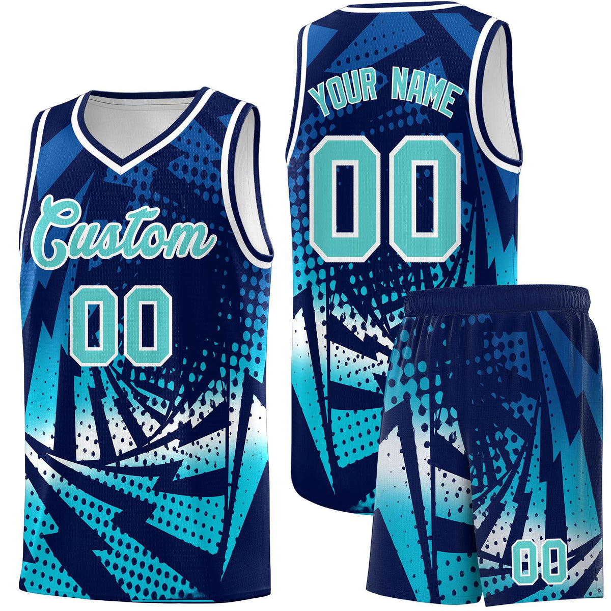 Custom Youth Basketball Jerseys Navy Sky Blue Lightning Halftone Personalized Team Uniforms