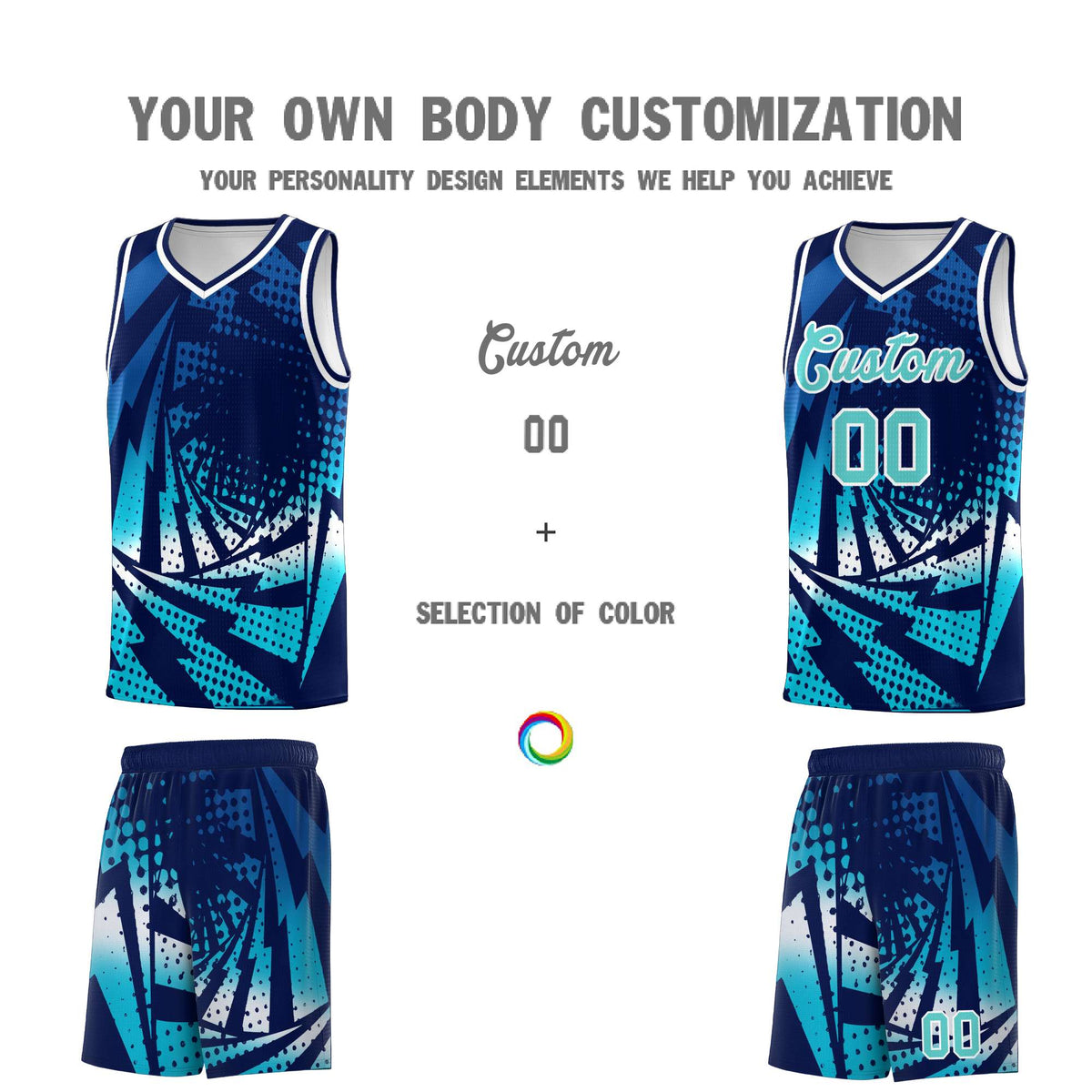 Custom Youth Basketball Jerseys Navy Sky Blue Lightning Halftone Personalized Team Uniforms