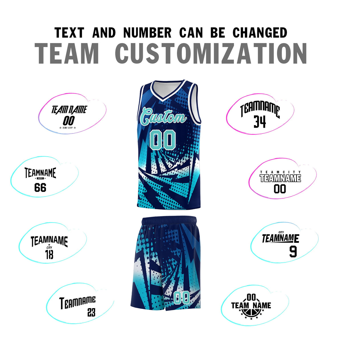 Custom Youth Basketball Jerseys Navy Sky Blue Lightning Halftone Personalized Team Uniforms