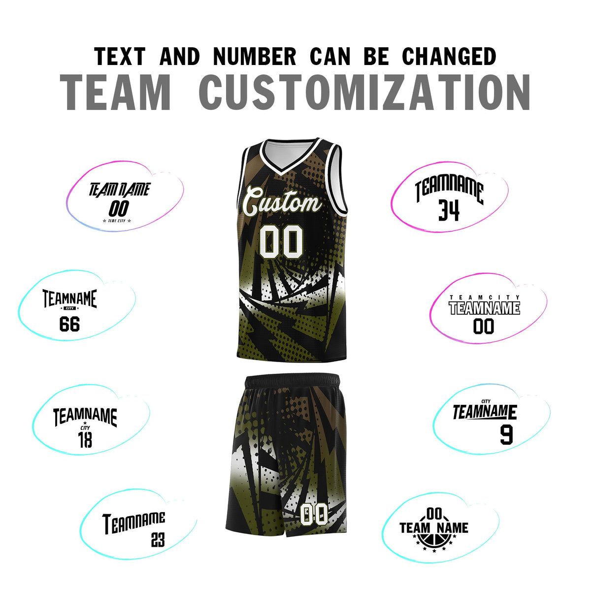Custom Youth Basketball Jerseys Black Olive Lightning Design Halftone Personalized Uniforms