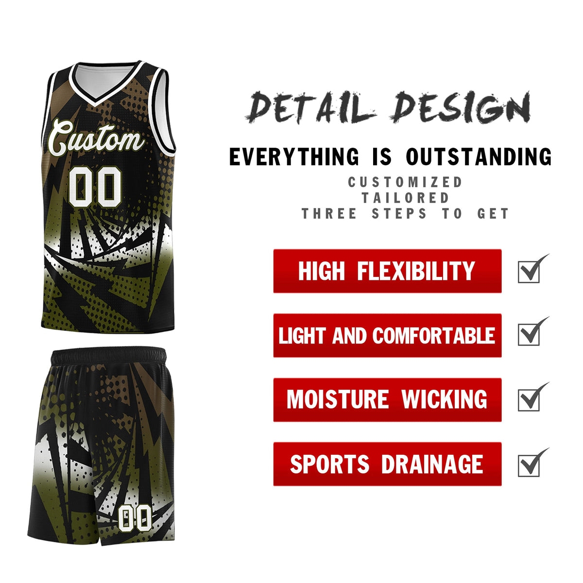 Custom Youth Basketball Jerseys Black Olive Lightning Design Halftone Personalized Uniforms